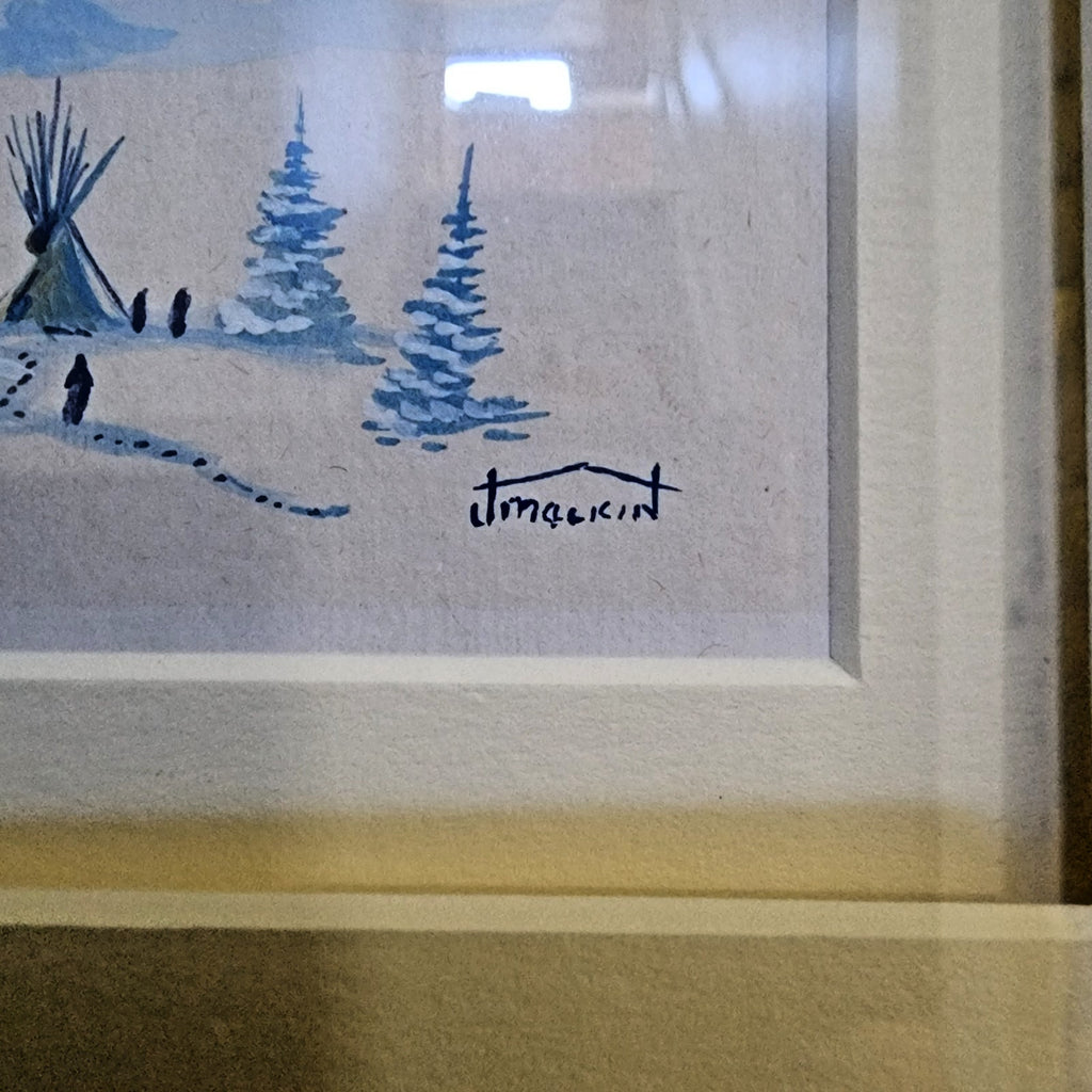 Tonalist Winter Mountain Landscape Scene Watercolor Painting by J Malkin