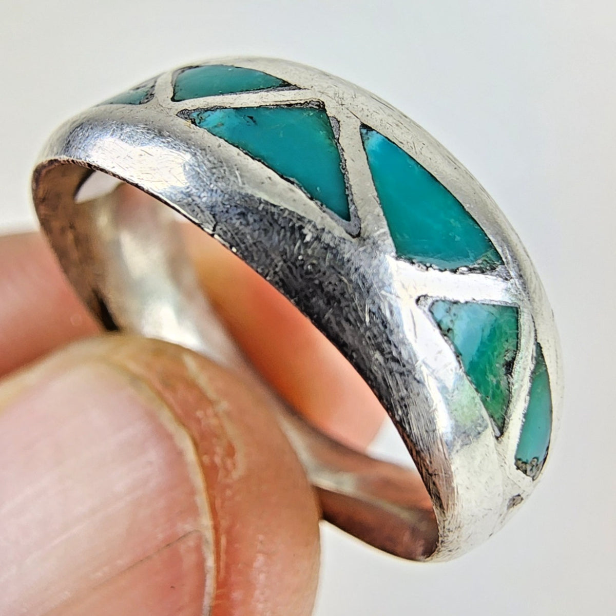 Southwestern Turquoise Inlay Ring Size 8 Sterling Silver 925 Vintage