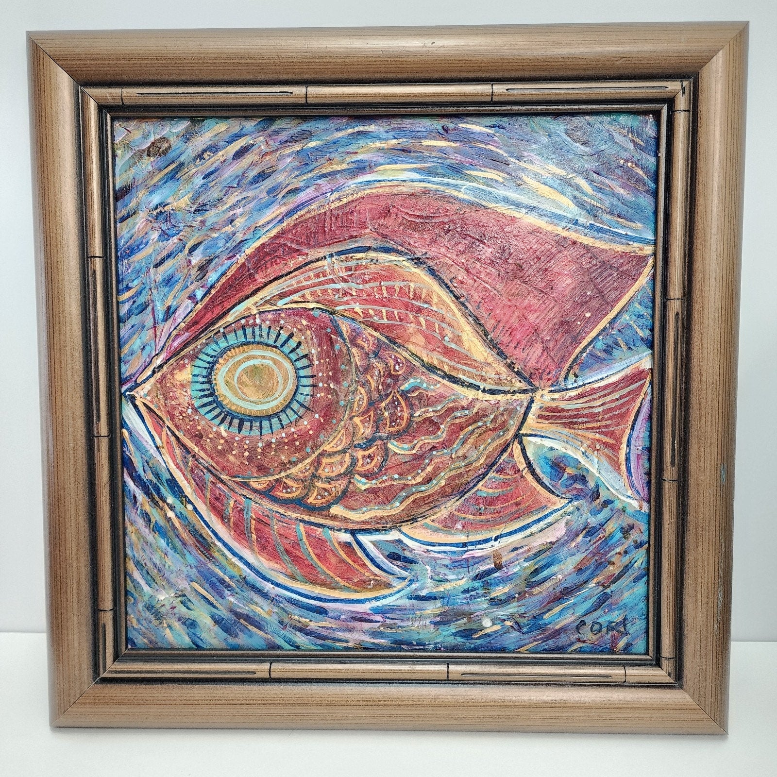 Abstract Fish Acrylic Painting on Panel Signed Cori & Framed