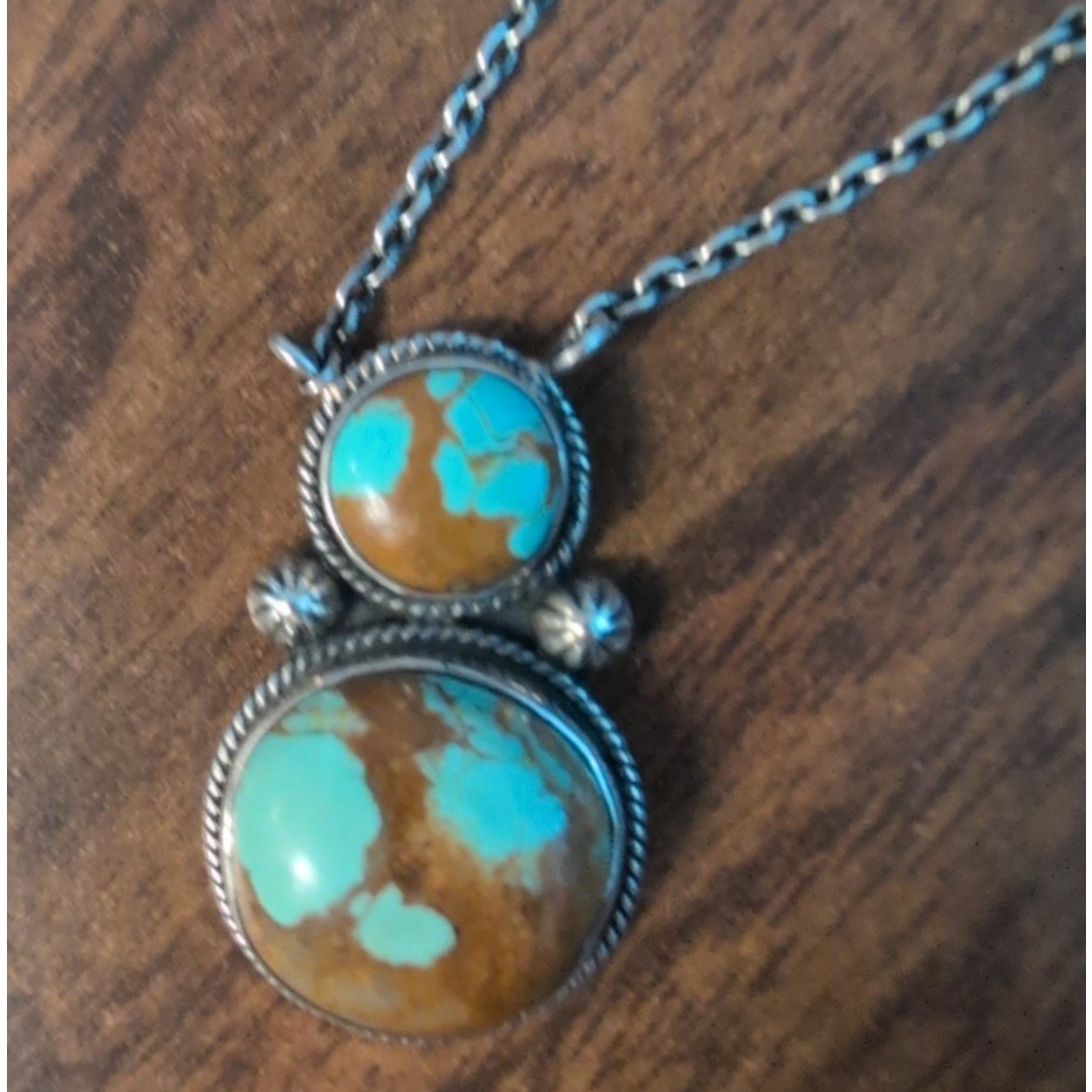 Southwestern Sterling Silver 925 Turquoise Double Stone Pendant Necklace