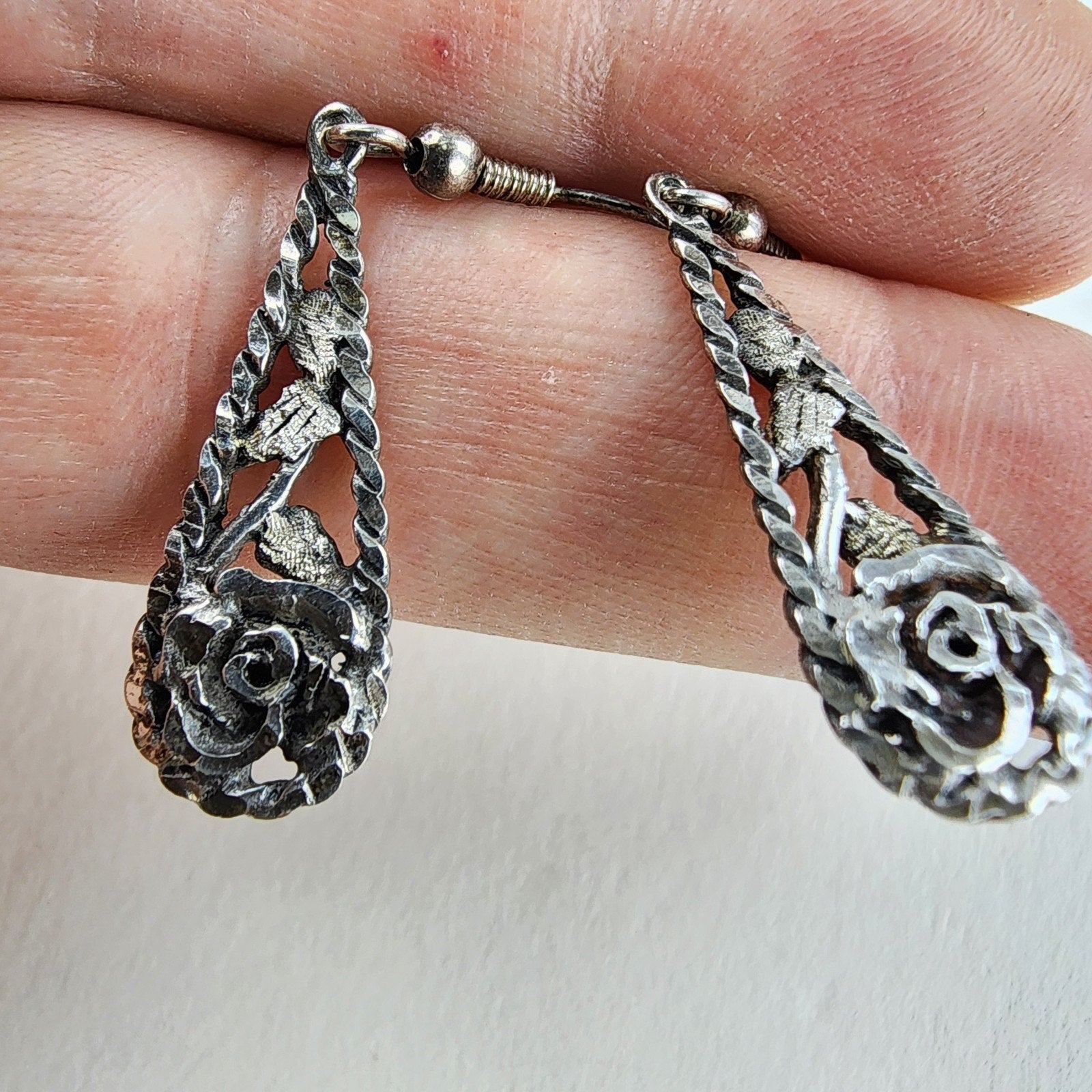 Black Hills Gold Rose & Leaf Teardrop Earrings Sterling Silver 925 Vintage