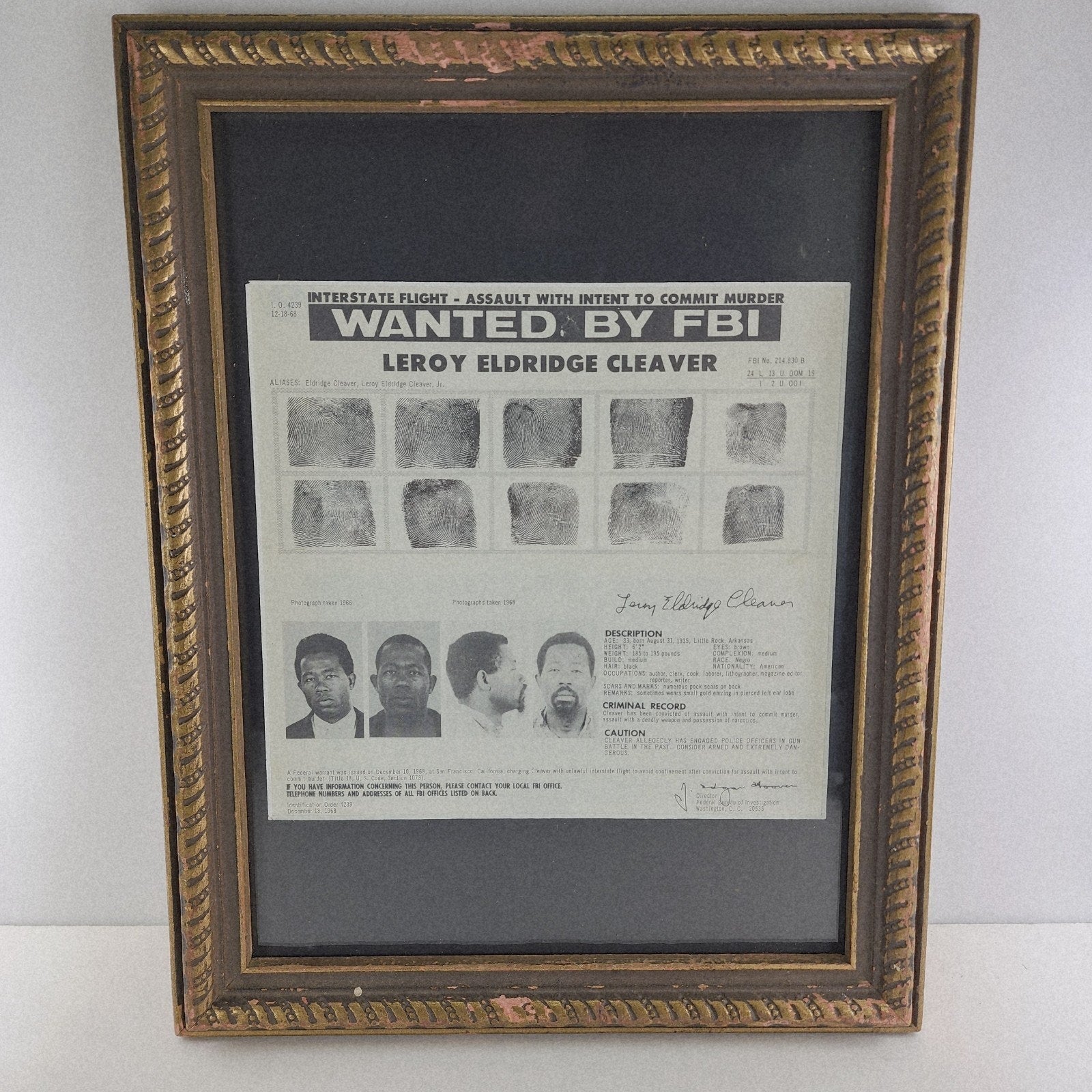 1968 FBI Wanted Poster Leroy Eldridge Cleaver Framed JE Hoover Black Panther