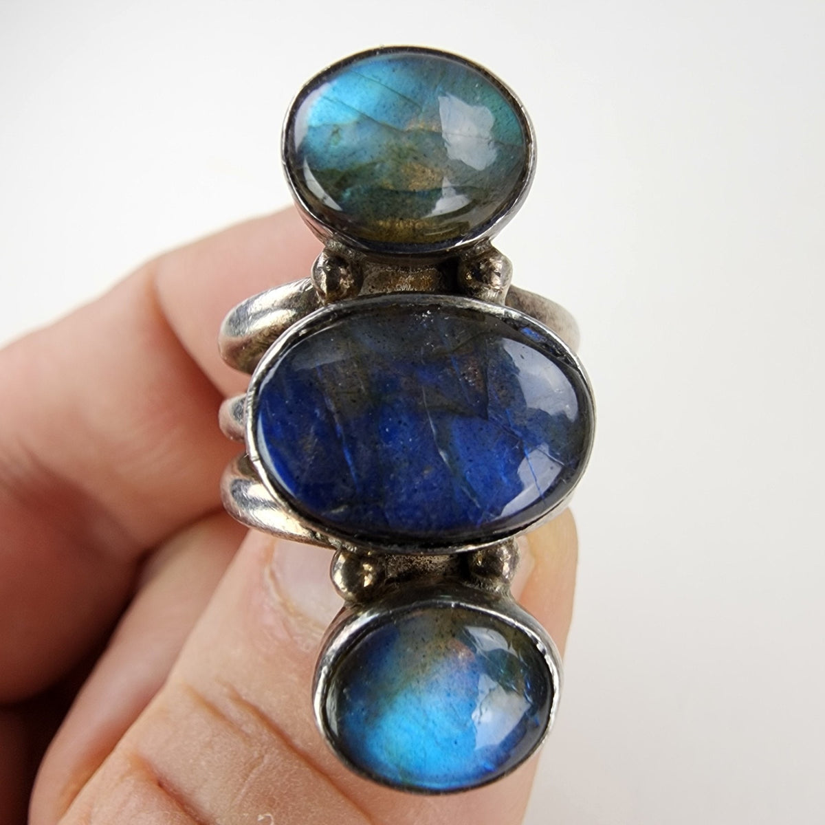Three Stone Labradorite Ring Size 6 Sterling Silver 925 Vintage