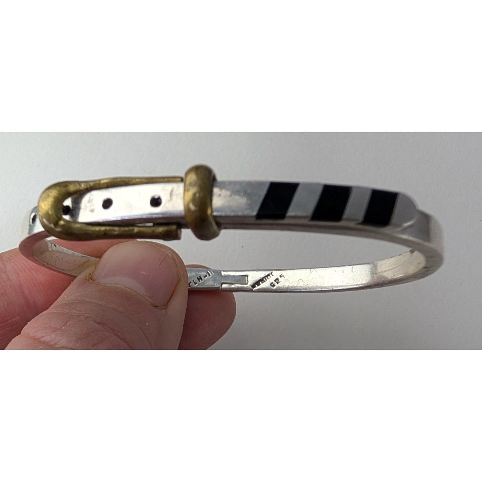 Taxco Black Onyx Belt Buckle Style Sterling Silver 925 Hinged Bracelet Brass
