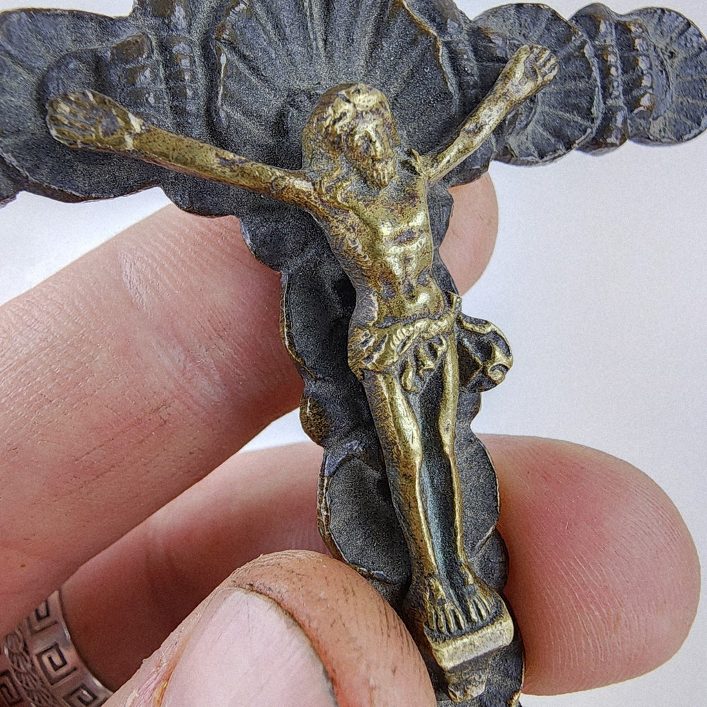 18/19th C Spanish Colonial Bronze Crucifix Antique Brass Cross 5"