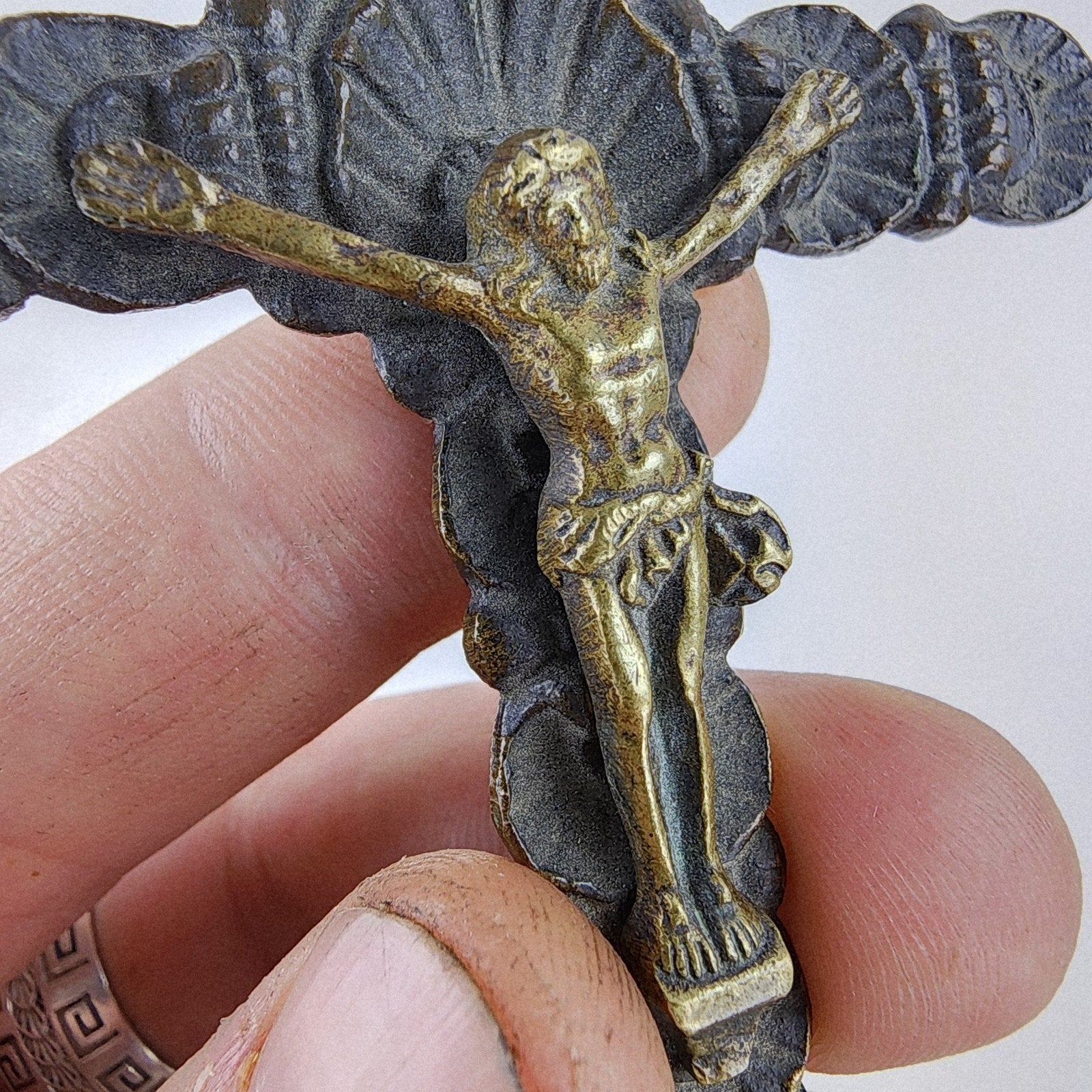 18/19th C Spanish Colonial Bronze Crucifix Antique Brass Cross 5"