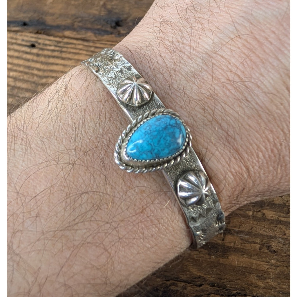 Ruben Castillo Turquoise Sterling Silver 925 Native Cuff Tufa Cast & Stamped