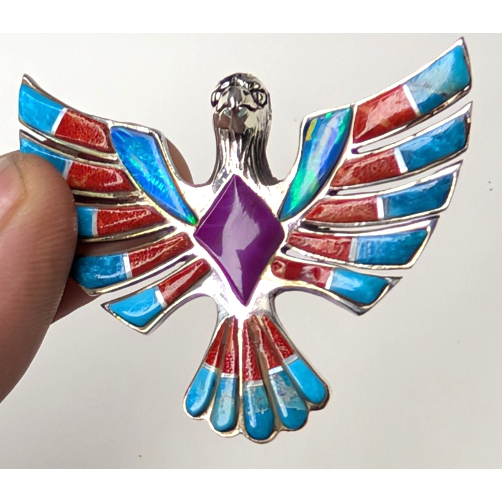 Bird Pendant Sterling Silver 925 Multistone Opal Turquoise Inlay Southwestern