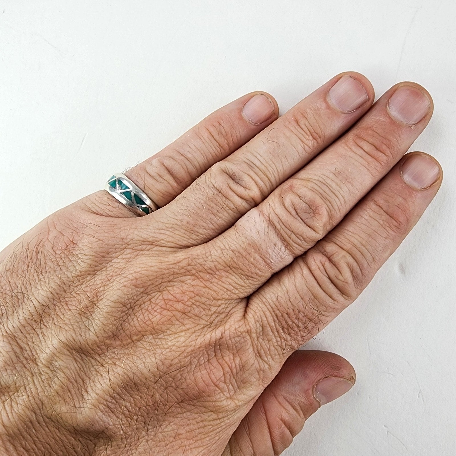 Southwestern Turquoise Inlay Ring Size 8 Sterling Silver 925 Vintage