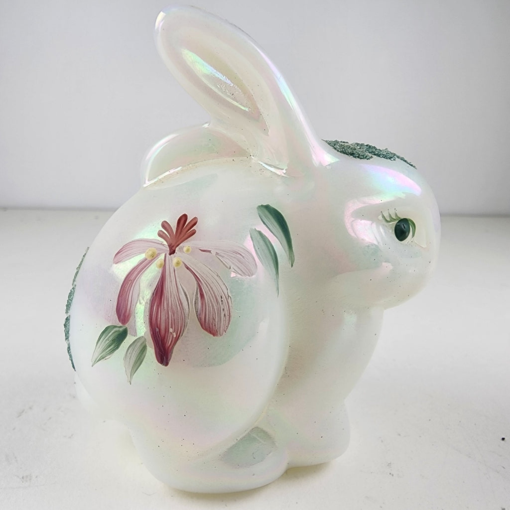 Iridescent Hand Painted Fenton Bunny Rabbit Signed Floral Decorated Art Glass