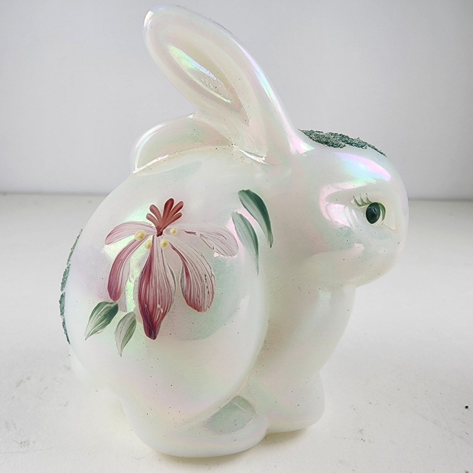 Iridescent Hand Painted Fenton Bunny Rabbit Signed Floral Decorated Art Glass