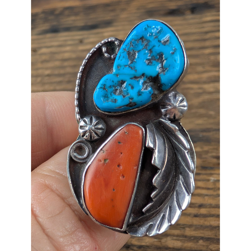 Old Pawn CORAL and TURQUOISE Sterling Silver 925 Ring Size 7