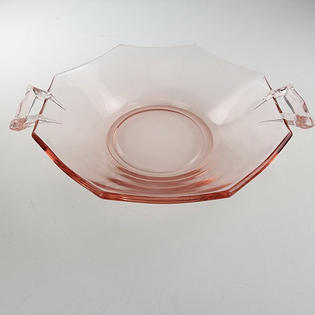 7" Pink Octagon Depression Glass Double Handled Scalloped Bowl