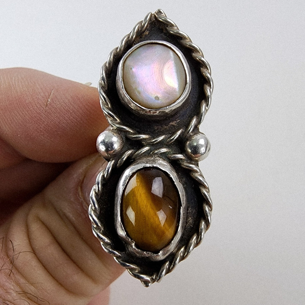 Tigers Eye Mother of Pearl Mexico Ring Size 7 3/4 Sterling Silver 925 Vintage