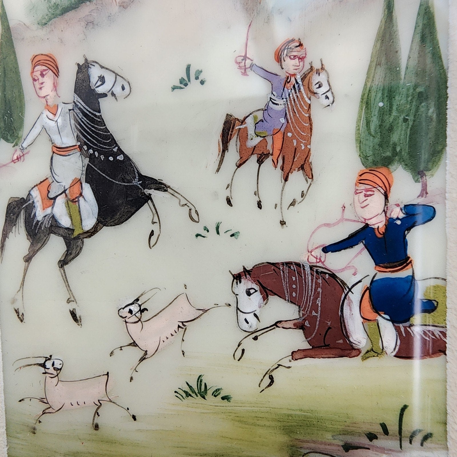 Miniature Persian Painting of The Hunt on Celluloid Framed MCM