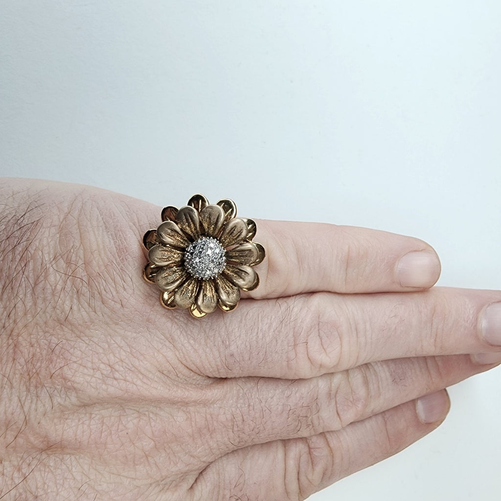 Sunflower Diamond Accent Gold Finish Ring Size 8 Sterling Silver 925 Vintage