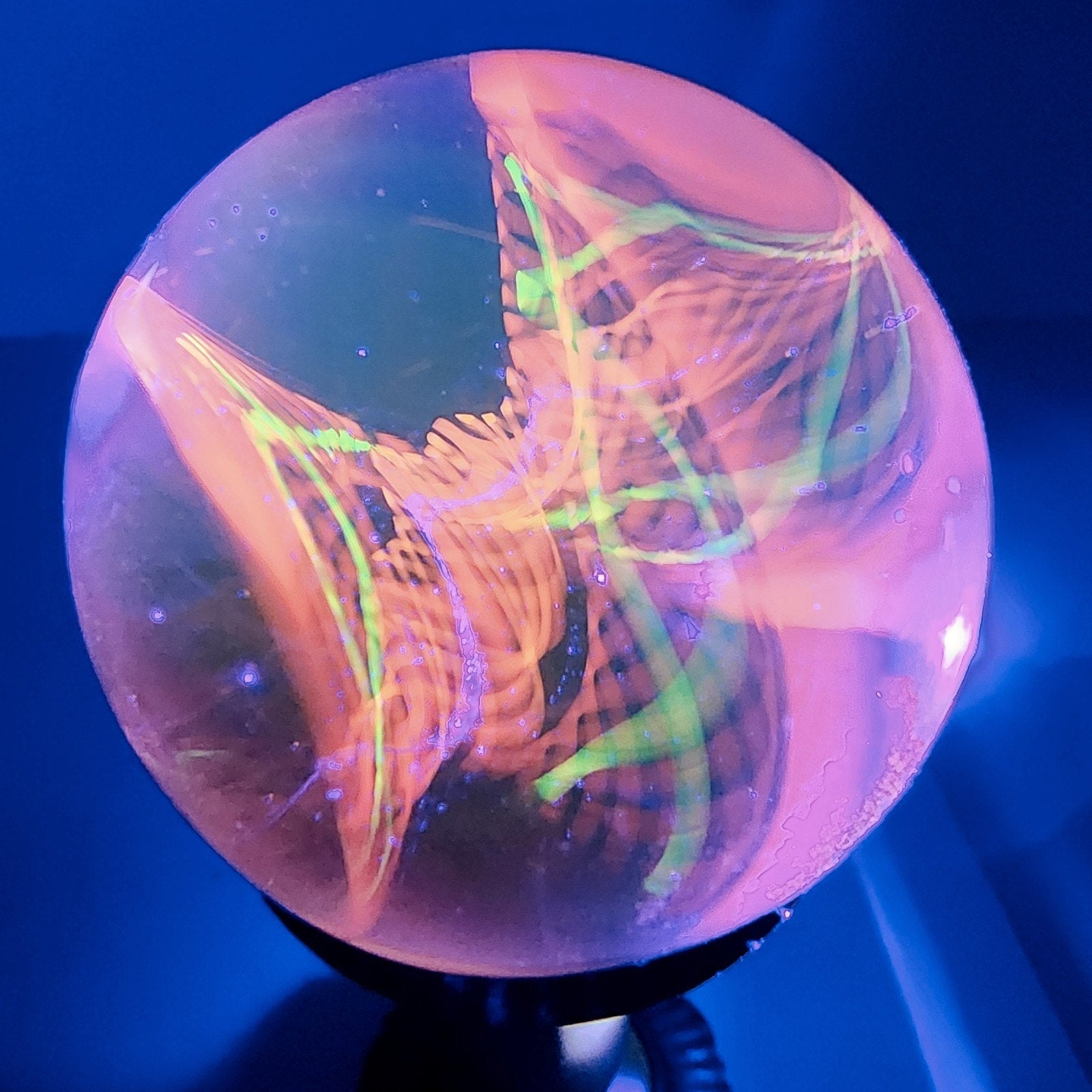 43mm UV Orange Double Twist Spiral Borosilicate Marble Signed Eddie Seese 2015