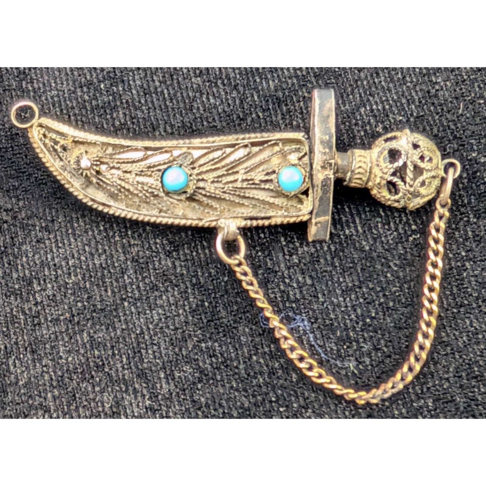 Vintage Filigree Turquoise Dagger Pendant or Brooch Sterling Silver 935 Isreal