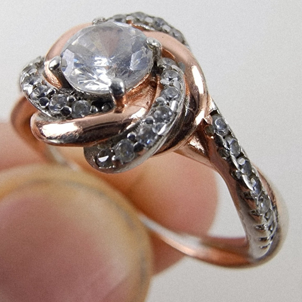 Rose Gold Plated Knotted Halo Ring Size 9 Sterling Silver 925 Vintage