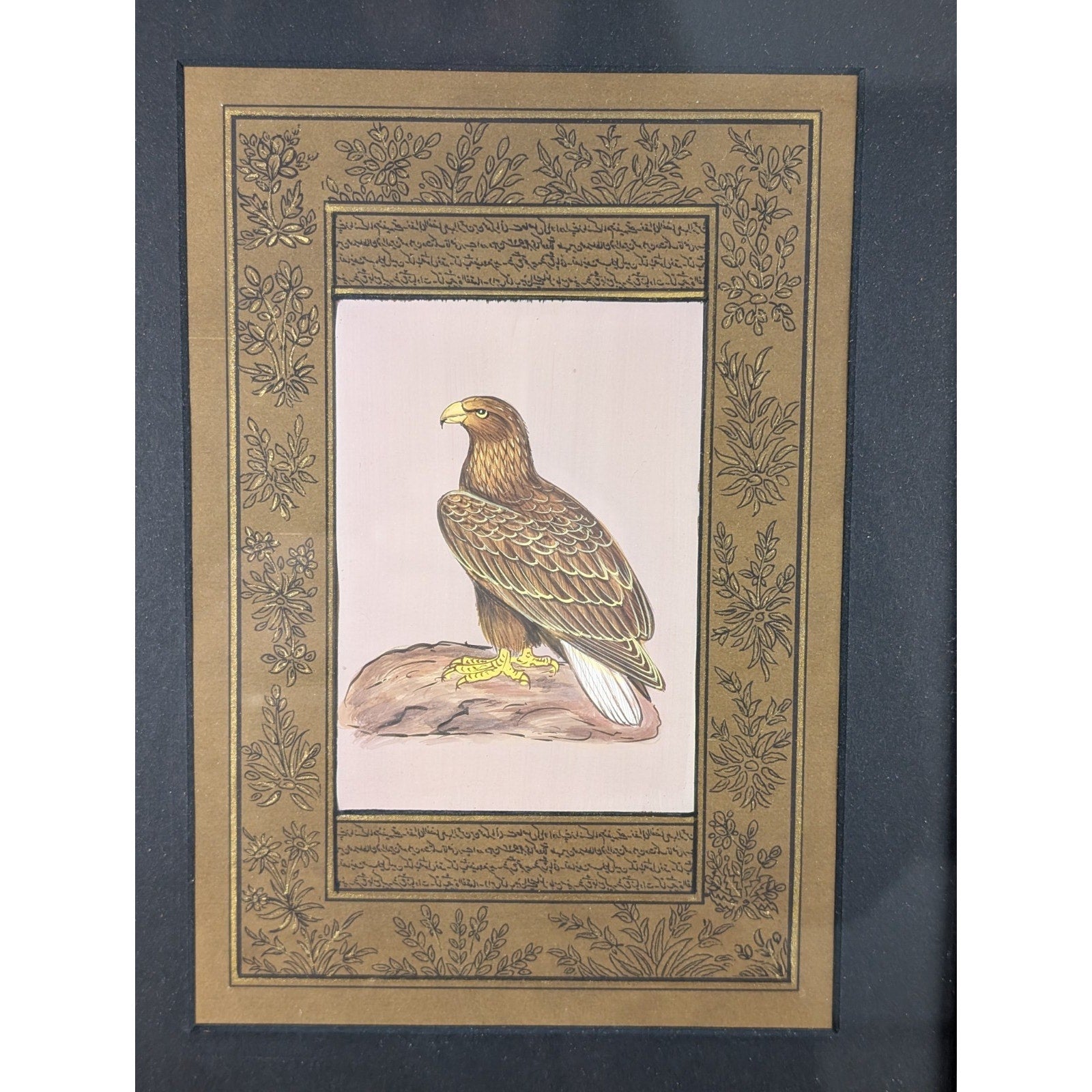 Falcon Miniature Painting on Indian Manuscript Page Framed Hawk