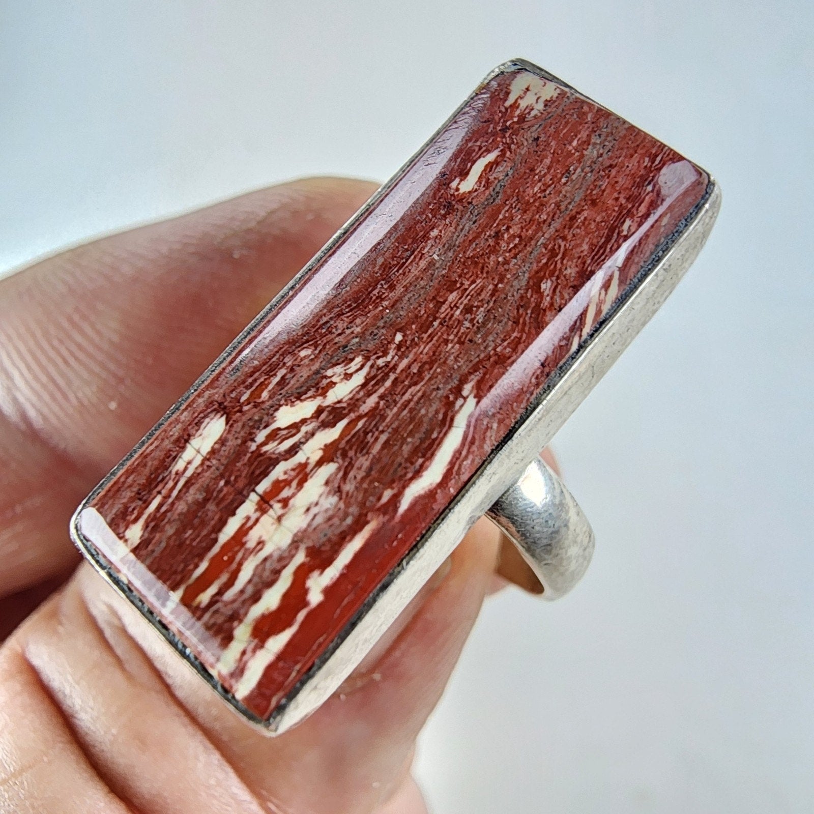 Petrified Wood Rectangle Ring Size 9 1/2 Sterling Silver 925 Vintage