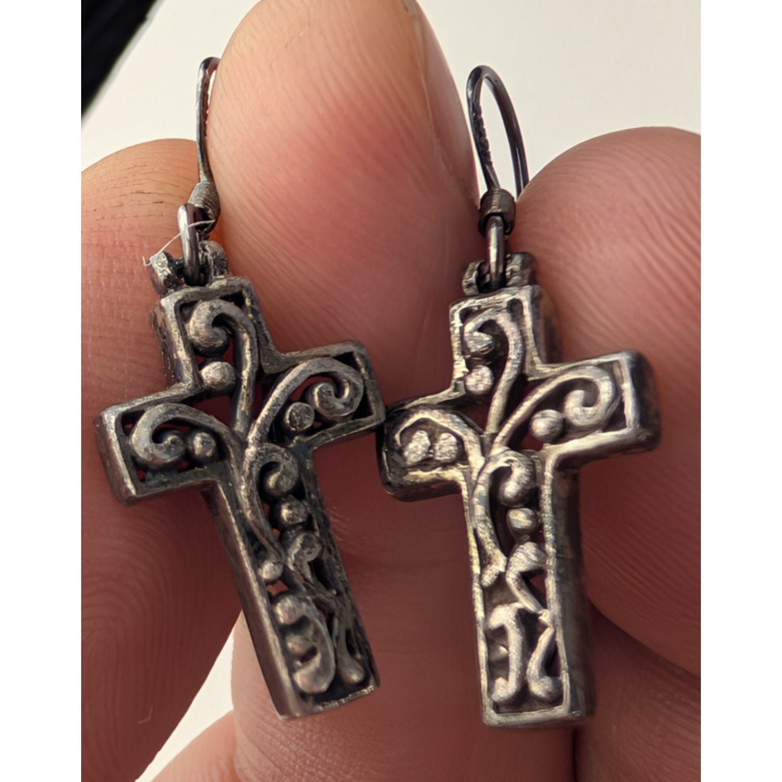 Scrollwork Cross Sterling Silver 925 Fish Hook Dangle Earrings Vintage