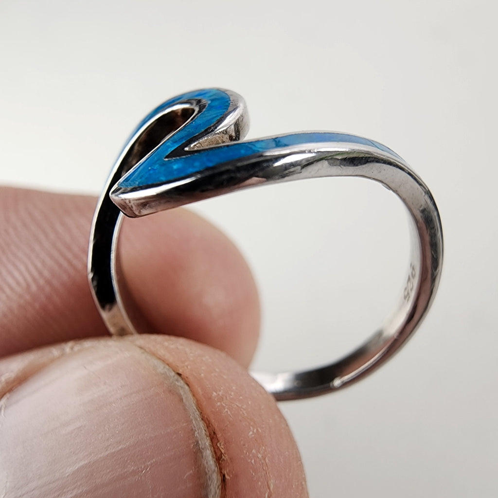 Modernist Opal Inlay Wave Ring Size 6 3/4 in Sterling Silver 925