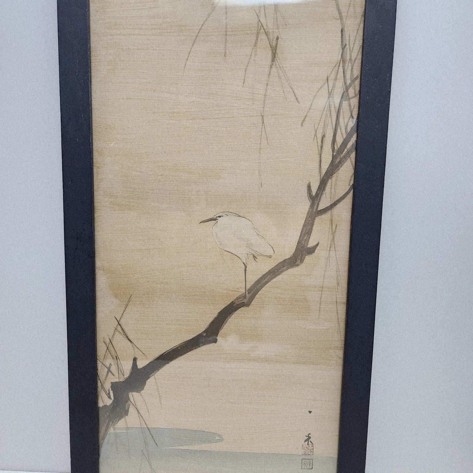 Meiji Period Heron and Flower Japanese Painting on Silk Kacho-Ga Framed