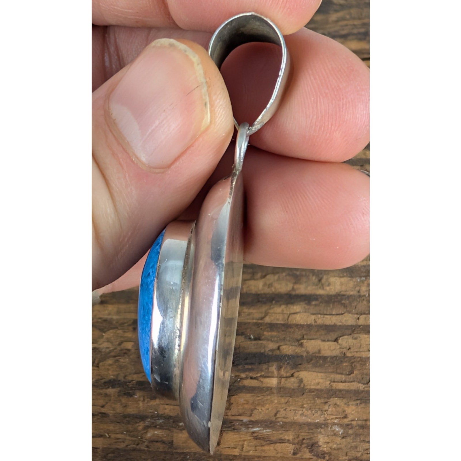Modernist Mexico Oval Blue Agate Cabochon Sterling Silver 925 Pendant