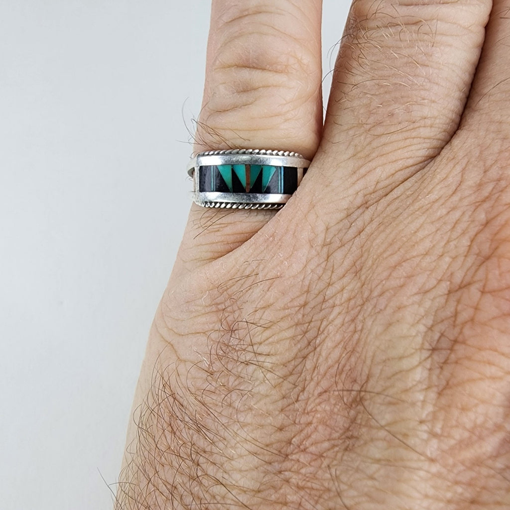 Zuni Turquoise & Onyx Inlay Old Pawn Ring Size 8 3/4 Sterling Silver 925 Vintage