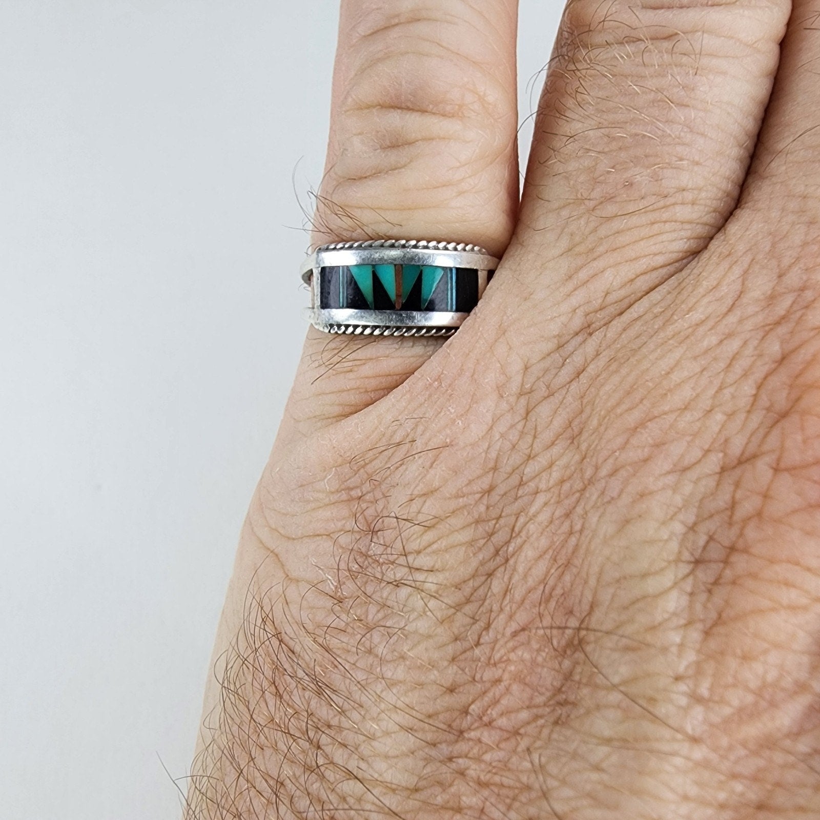 Zuni Turquoise & Onyx Inlay Old Pawn Ring Size 8 3/4 Sterling Silver 925 Vintage