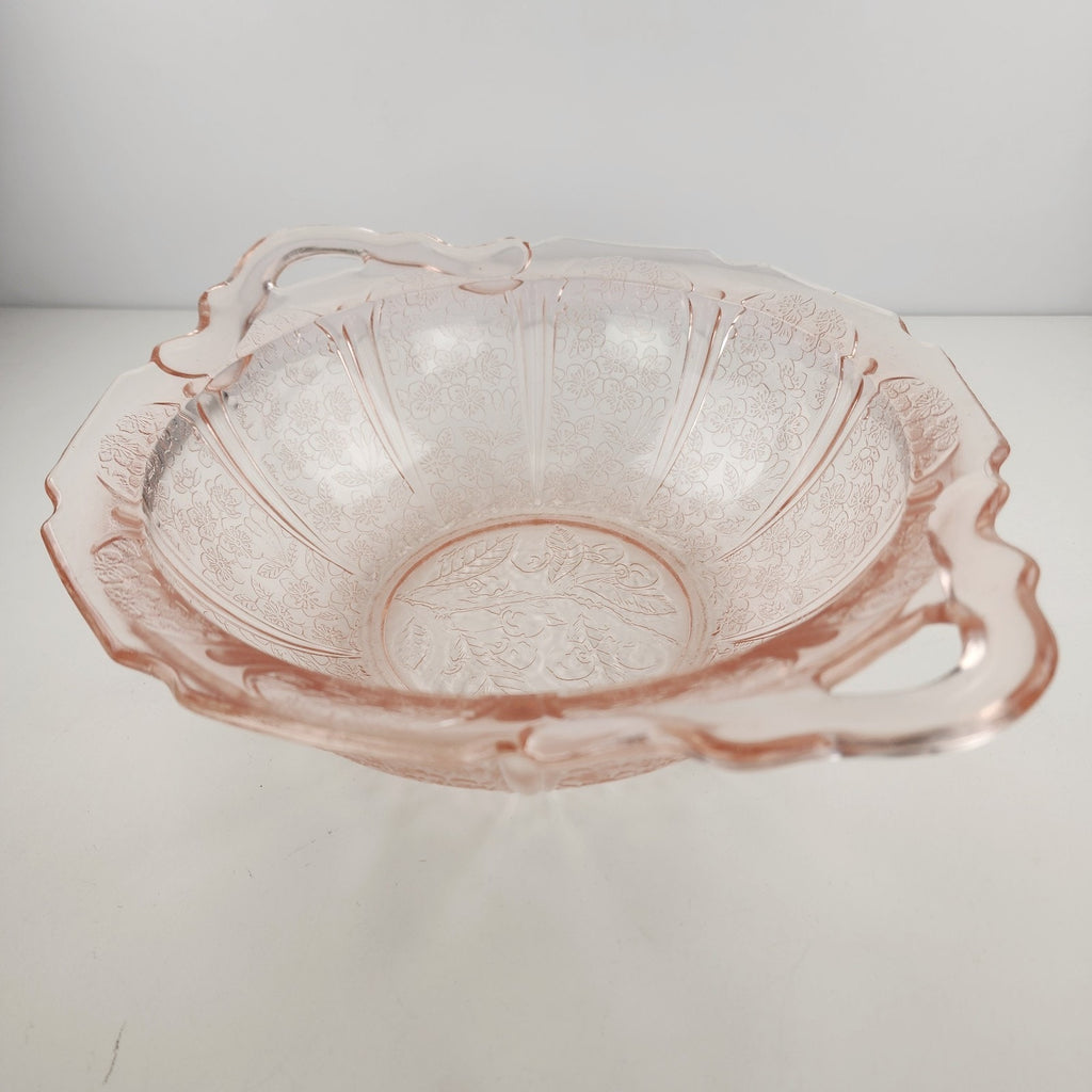 Jeanette Pink Depression Glass Handled Bowl Cherry Blossom Floral Pattern 1930s