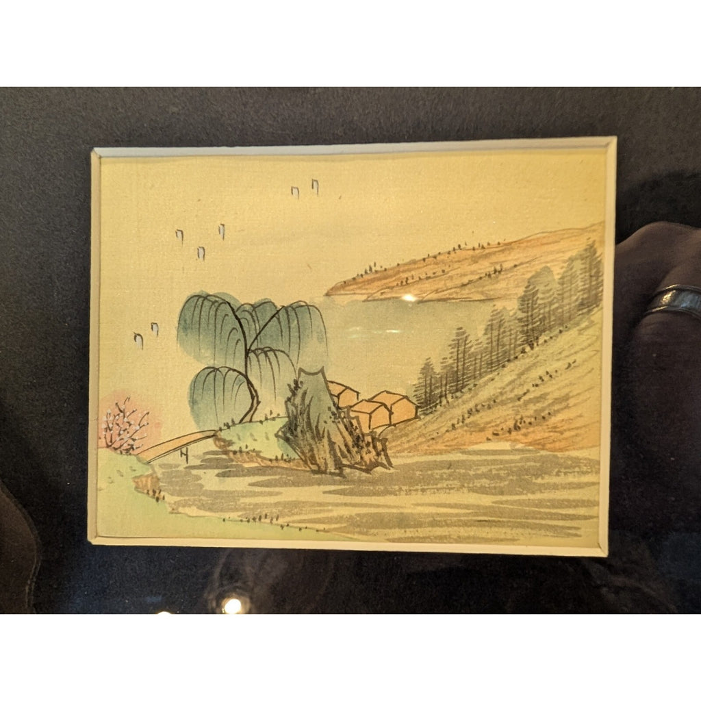 Framed CHINESE Miniature Watercolor & Ink Painting of Village Scene