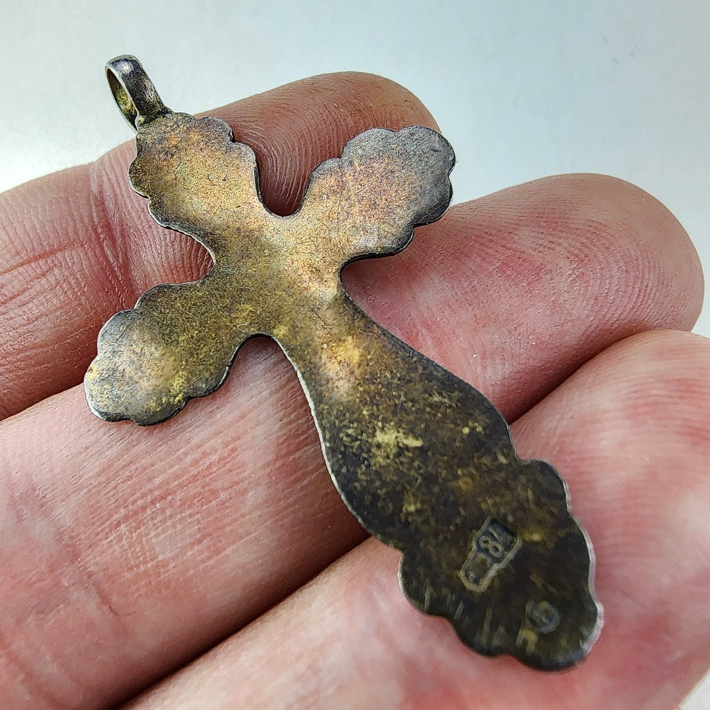 Russian Imperial Enamel 84 Silver 875 Cross Crucifix Antique Pendant
