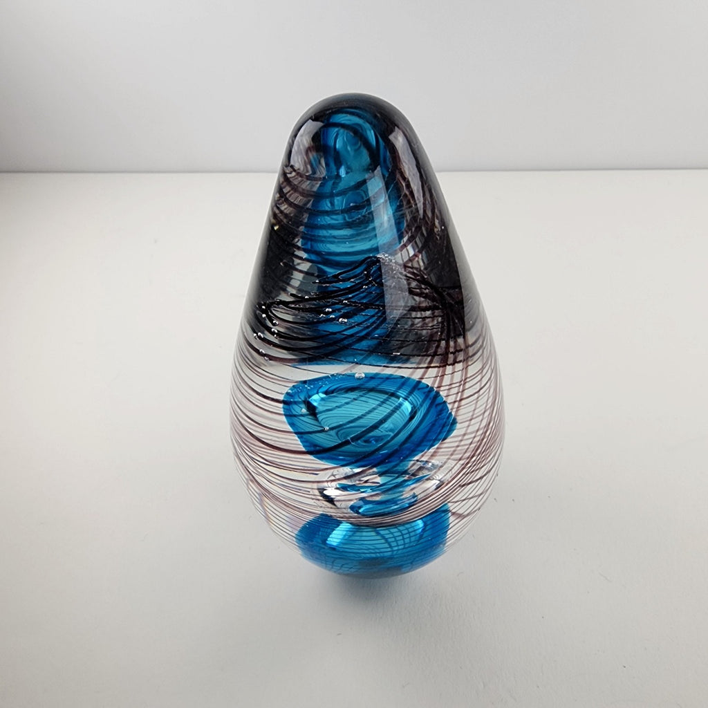 6" Hand Blown Glass Paperweight Air Trap Blue & Clear