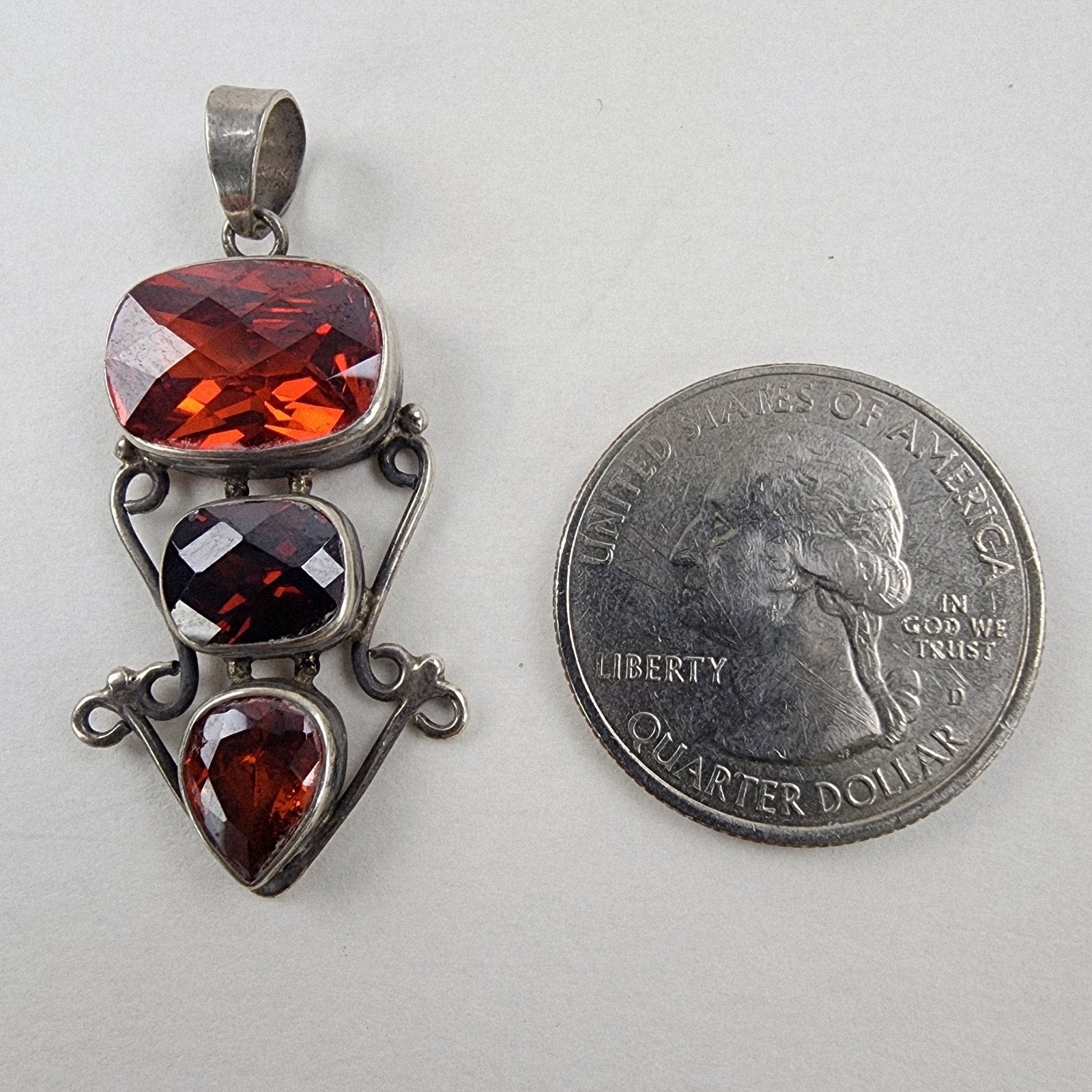 Red 3 Stone Sterling Silver 925 Cocktail Pendant Vintage