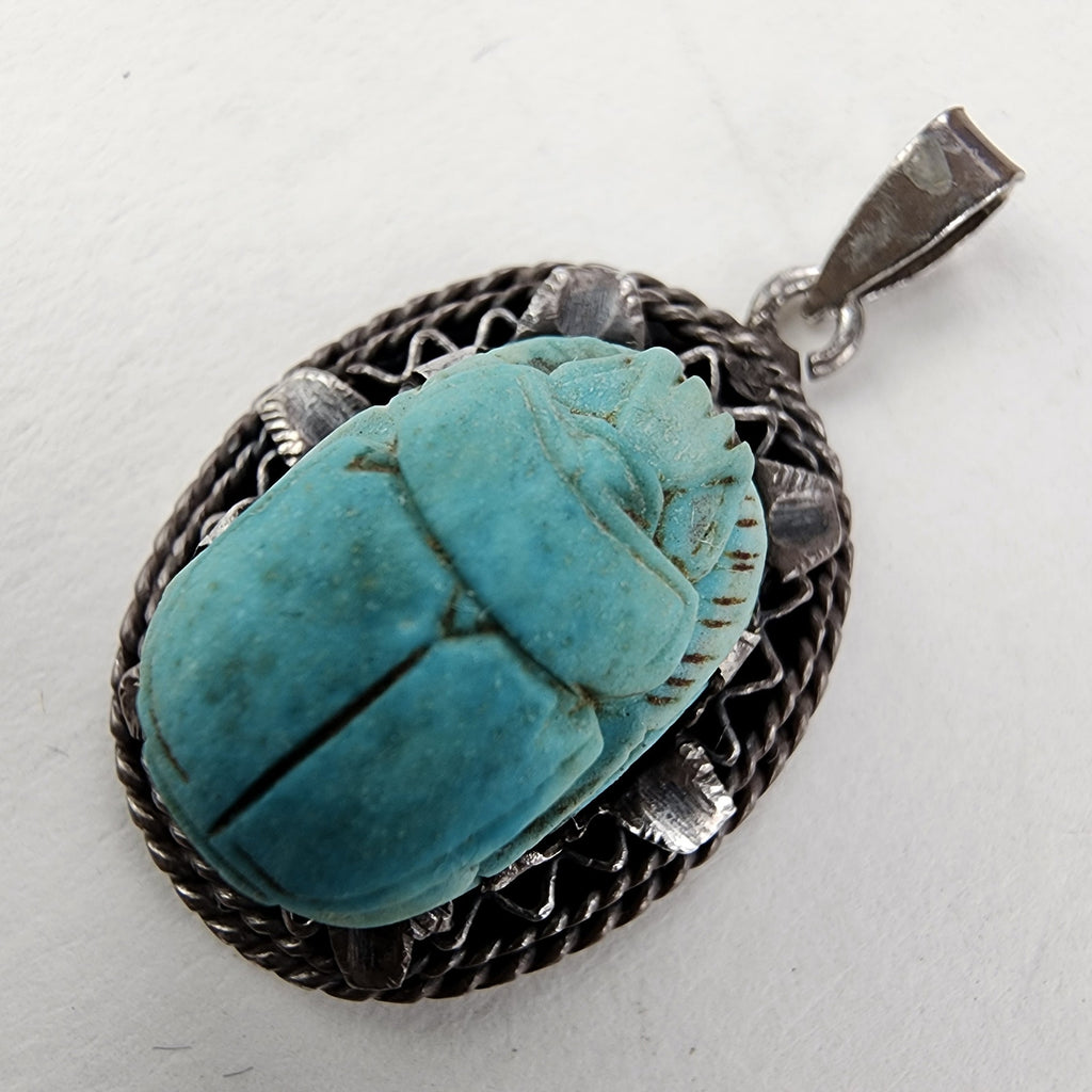 Steatite Egyptian Scarab Beetle Sterling Silver 925 Faience Pendant