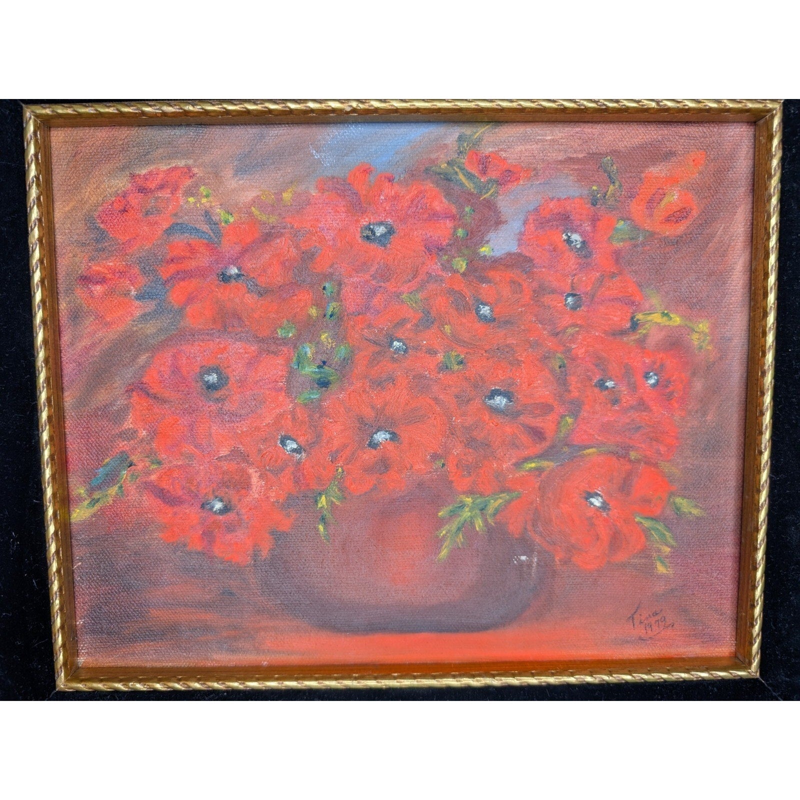 Roses Still Life Signed Tina 1979 Acrylic on Canvas Framed