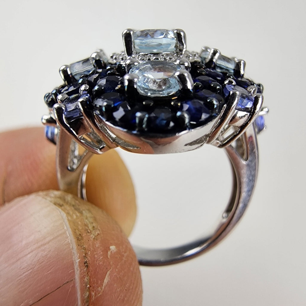 Blue & White Sapphire Cluster Halo Ring Size 5 Sterling Silver 925 Vintage