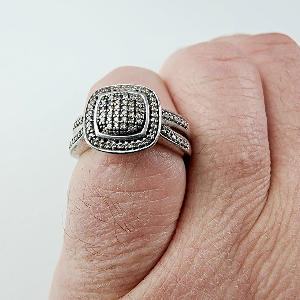 Pave Diamond Crossover Band Ring Size 7 Sterling Silver 925 Vintage