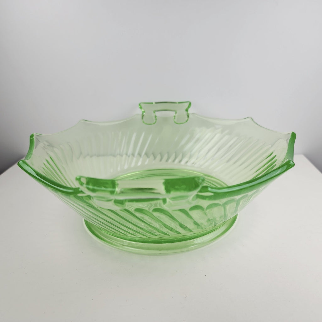 10" UV Uranium Glass Imperial Twisted Optic Handled Serving Bowl Vintage