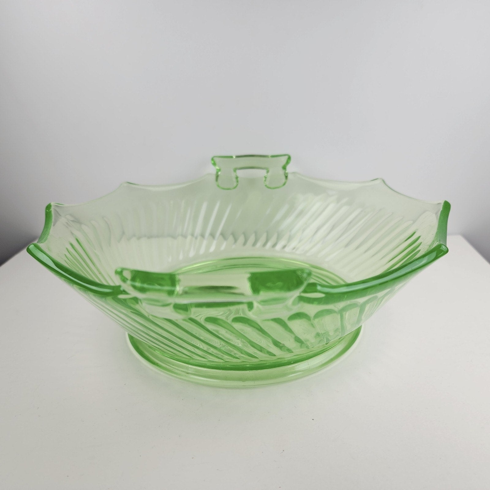 10" UV Uranium Glass Imperial Twisted Optic Handled Serving Bowl Vintage