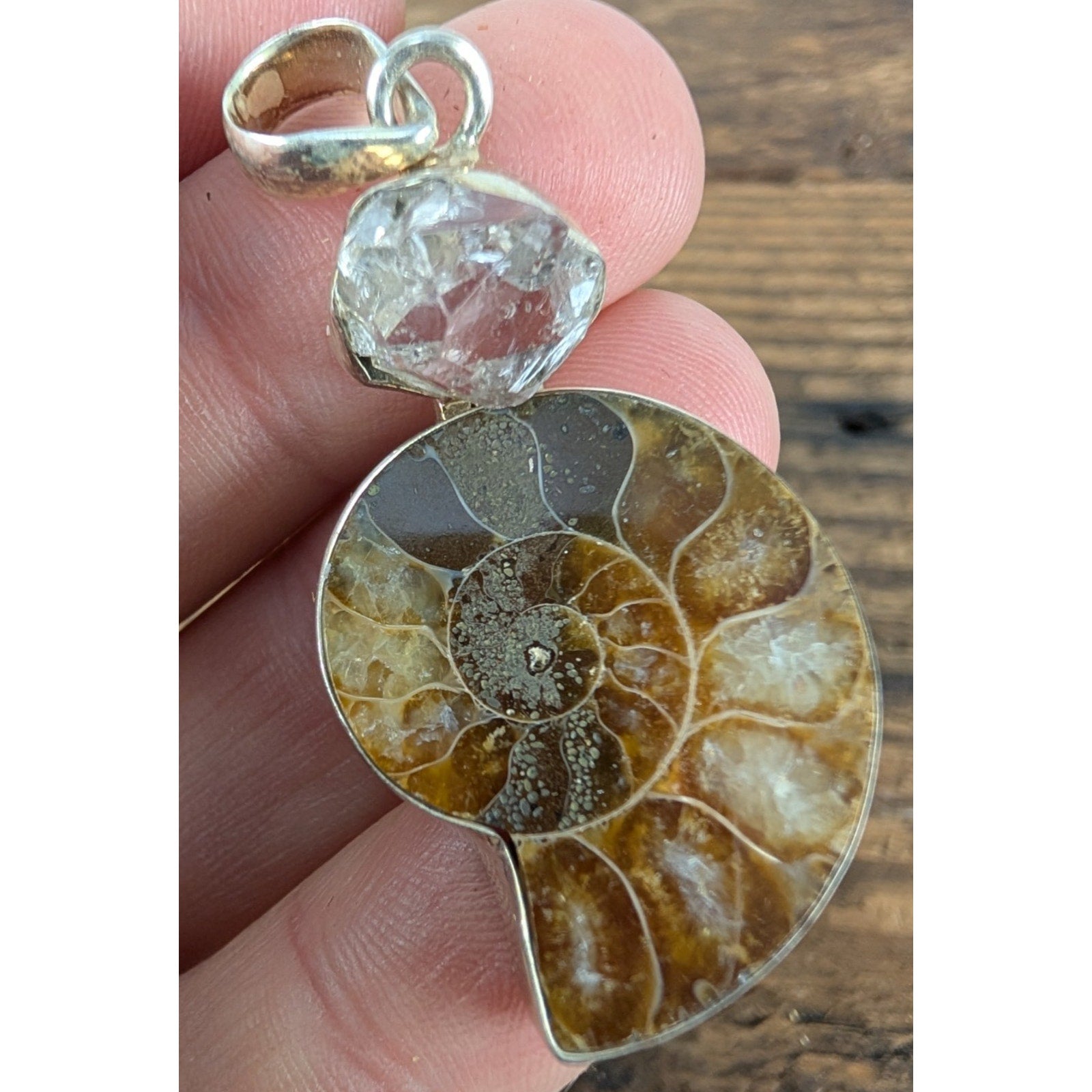 Vintage Ammonite & Raw Quartz Sterling Silver 925 Pendant
