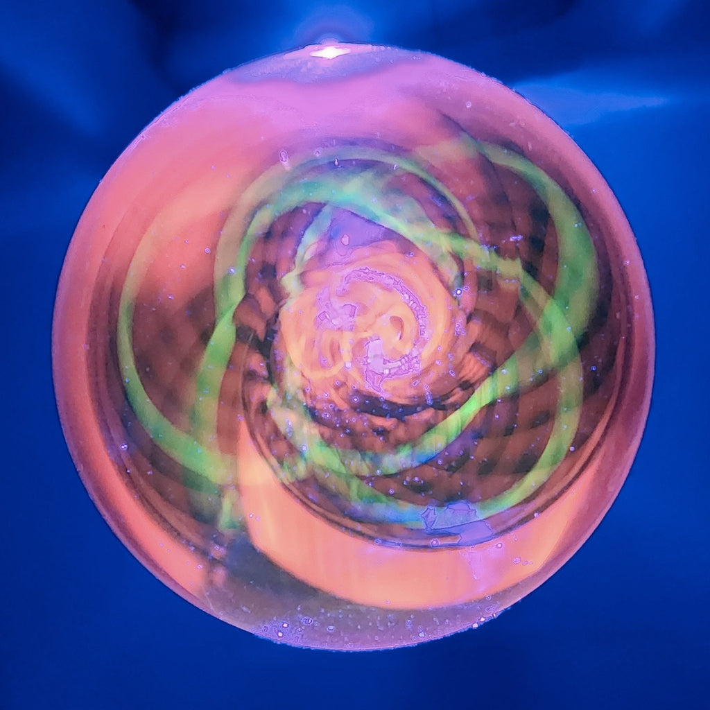 43mm UV Orange Double Twist Spiral Borosilicate Marble Signed Eddie Seese 2015