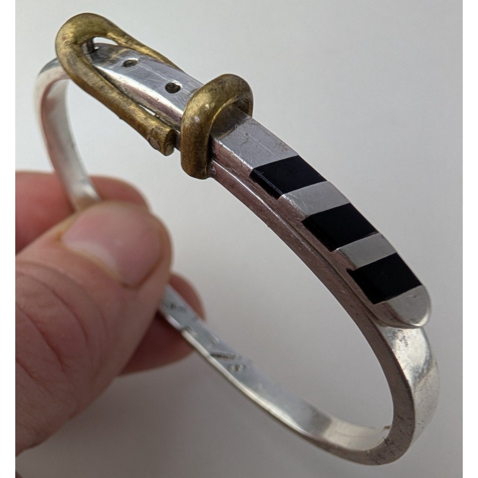 Taxco Black Onyx Belt Buckle Style Sterling Silver 925 Hinged Bracelet Brass