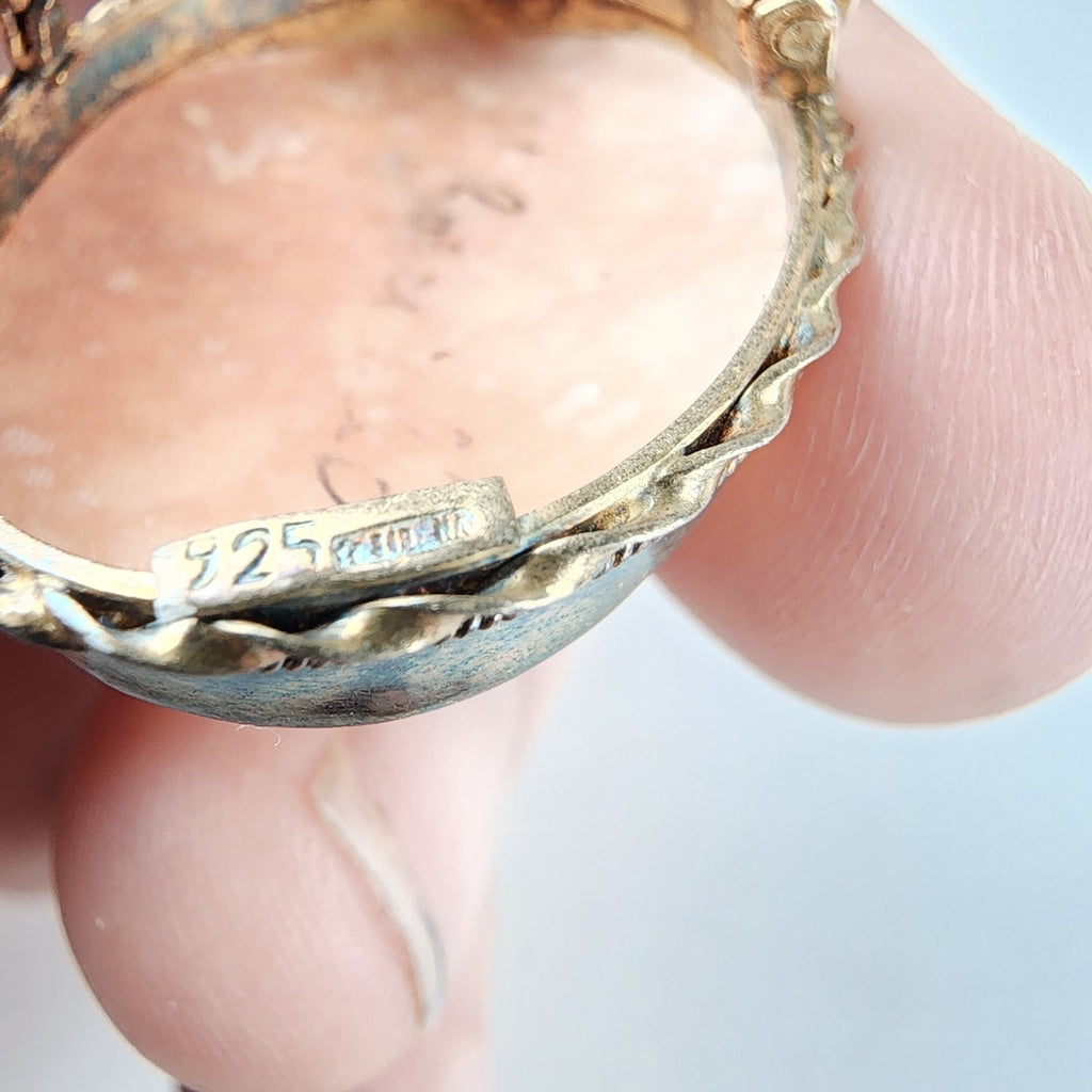 Carved Shell Cameo Pendant Brooch Sterling Silver 925 with Gold Finish