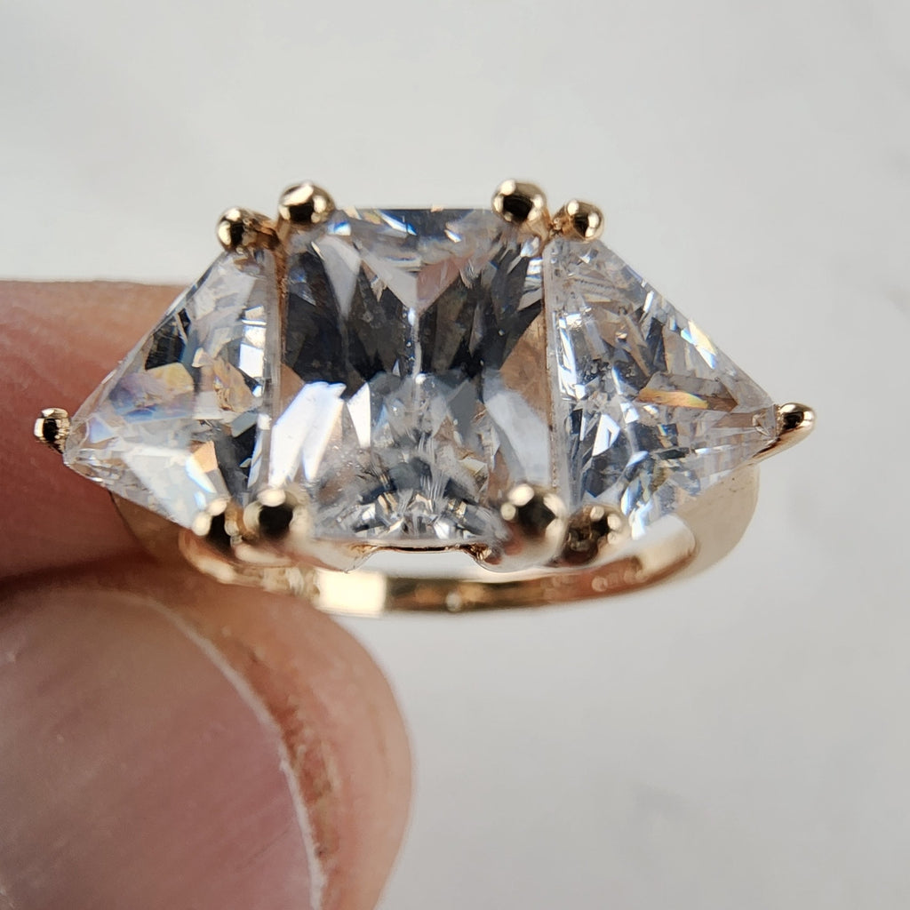 Three Stone Trillion & Princess Cut Ring Size 6 w Gold over Sterling Silver 925