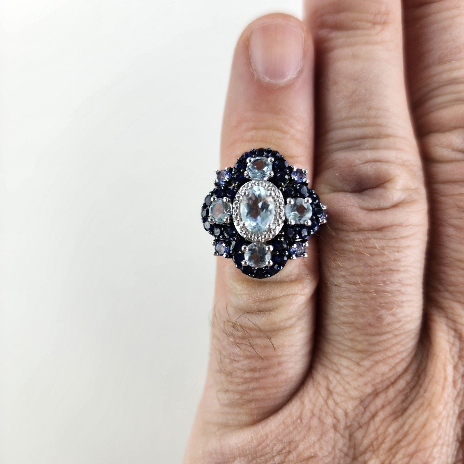 Blue & White Sapphire Cluster Halo Ring Size 5 Sterling Silver 925 Vintage
