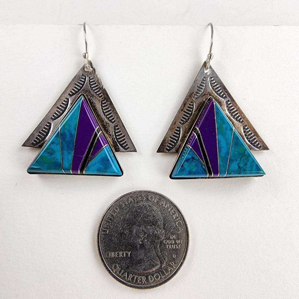 Sunwest Turquoise Inlay Stamped Earrings Sterling Silver 925 Vintage Dangle