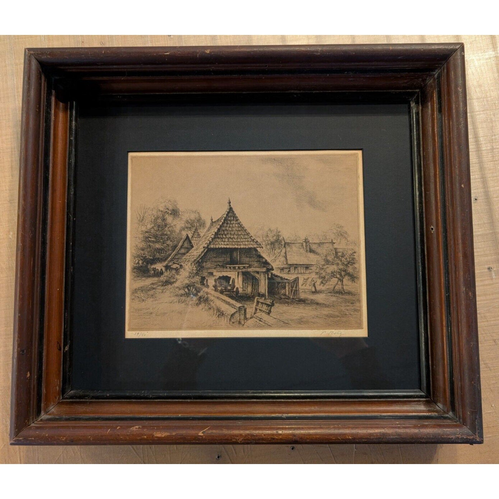 Framed Cottage Engraving by Pau Roig Cisa (1879-1955) Signedd & Numbered